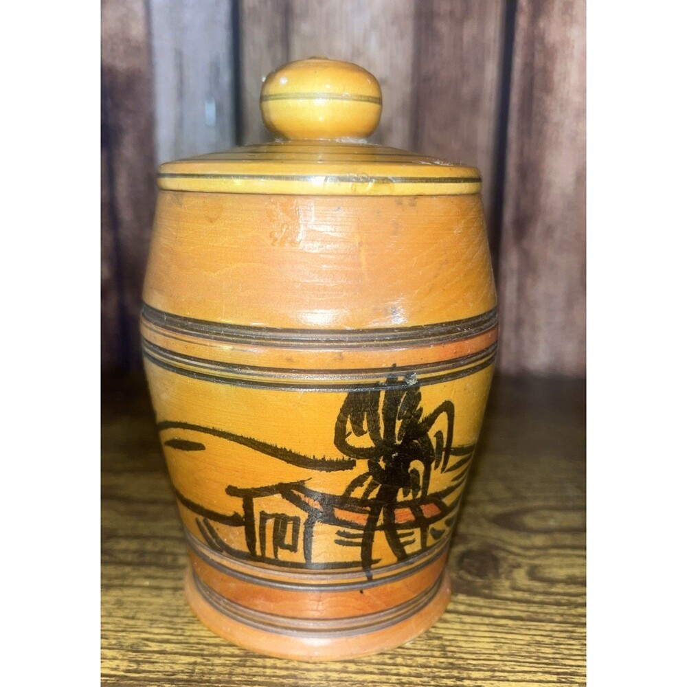 Vtg Handcrafted Hand Carved Round Wooden Container